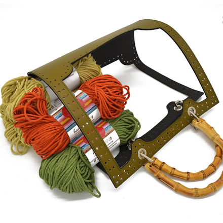 Picture of Kit Frame Angelina with Bamboo Handles, Olive Green Venetta with 1000gr Eco Hearts Cord Yarn, 3 Colors