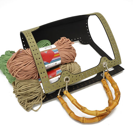 Picture of Kit Frame Angelina with Bamboo Handles, Vintage Khaki-Pistacchio with 1000gr Eco Heart Cord Yarn, 3 Colors