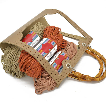Picture of Kit Frame Angelina with Bamboo Handles, Cigar with 1000gr Eco Heart Cord Yarn, 3 Colors