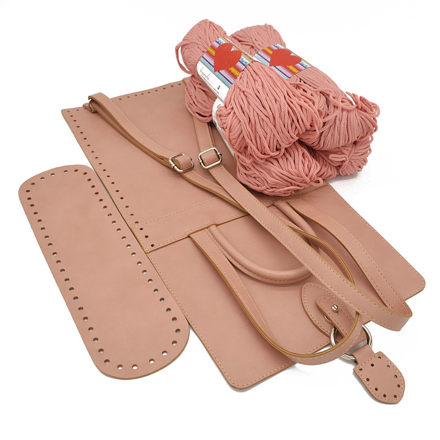 Picture of Kit Backpack Berry, Pink Ripe Apple Eco Leather Accessories with 800gr of Handibrand's Hearts Cord Yarn, Powder Pink