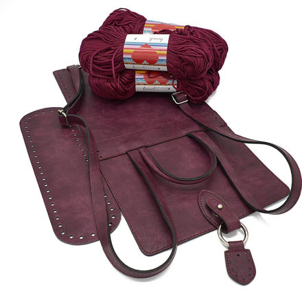Picture of Kit Backpack Berry, Vintage Bordeaux Eco Leather Accessories with 800gr of Handibrand's Hearts Cord Yarn, Bordeaux