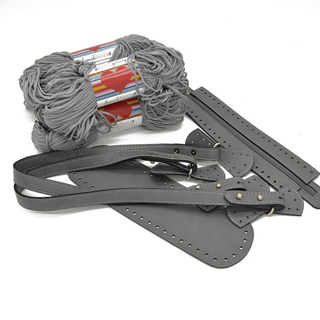 Picture of Kit BONNIE, Handles, Base & Zipper, Gray with 800gr Hearts Cord Yarn, Light Gray
