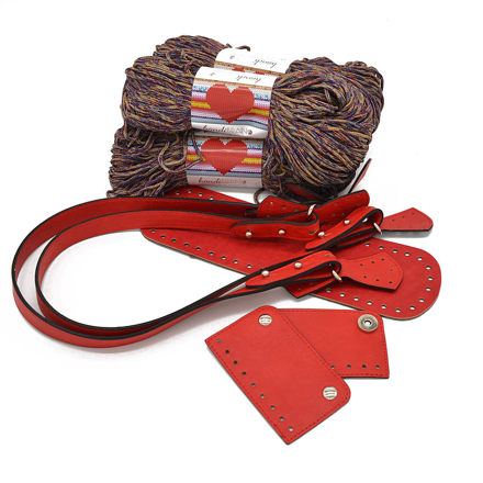 Picture of Kit BONNIE, Handles, Base & Tongue, Vintage Red with 800gr Hearts Cord Yarn, Blue-Red