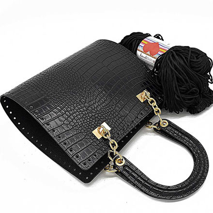 Picture of Kit JACKY Base, Black Crocodile with Diory Handles & 400gr Hearts Cord Yarn, Black