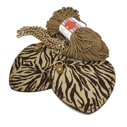 Picture of Kit Heart Handbag with Crossbody Strap, Zebra Print Pony Skin Light Beige with 200gr Hearts Cord Yarn, Beige Cigar