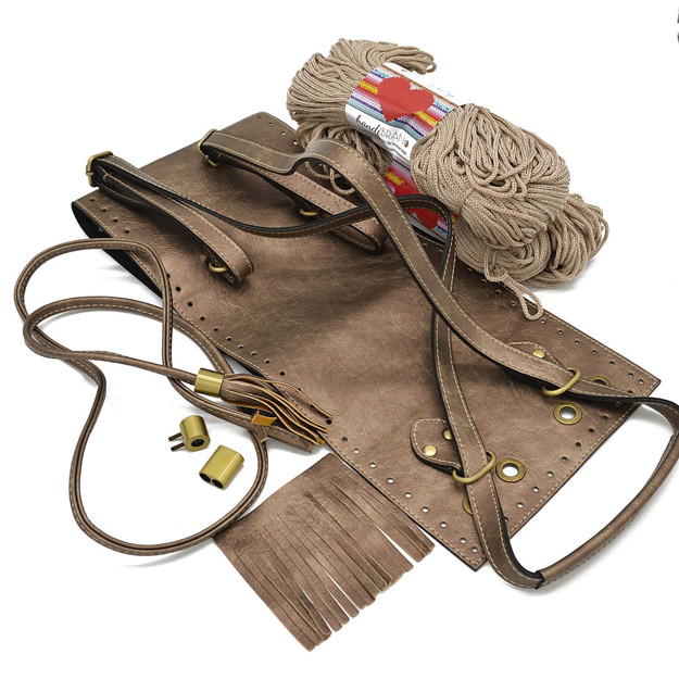 Picture of Kit Backpack Erato, Vintage Light Bronze, Tassels and Metallic Details with 400gr Eco Hearts Cord Yarn, Beige Summer