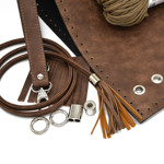 Picture of Kit Pouch Bag ERATO, Wood Brown with Shoulder Strap, Tassels, Metal Accessories and 400gr Hearts Cord Yarn, Beige Cigar