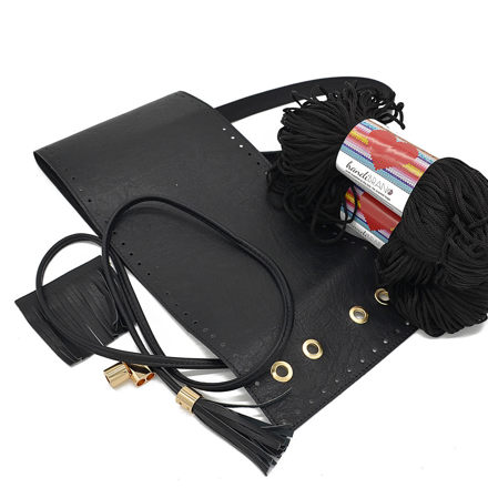 Picture of Kit Pouch Bag ERATO, Black with Shoulder Strap, Tassels, Metal Accessories and 400gr Hearts Cord Yarn, Black