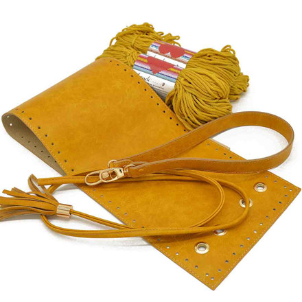 Picture of Kit Pouch Bag ERATO, Mustard with Shoulder Strap, Tassels, Metal Accessories and 400gr Hearts Cord Yarn, Gold (235)