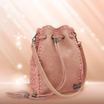 Picture of Kit Pouch Bag ERATO, Vintage Pink with Shoulder Strap, Tassels, Metal Accessories and 400gr Hearts Cord Yarn,Ripe Apple