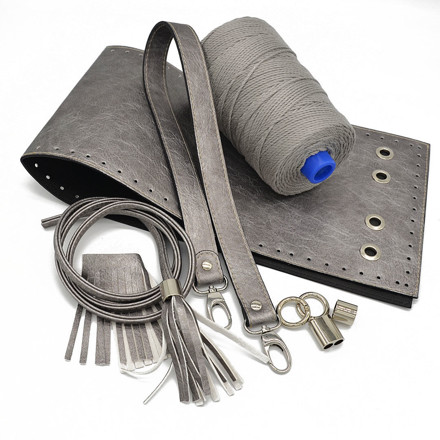 Picture of Kit Pouch Bag ERATO, Vintage Silver with Shoulder Strap, Tassels, Metal Accessories and Light Gray Fibra Cord Yarn