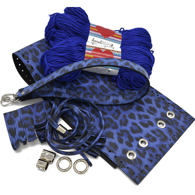 Picture of Kit Pouch Bag ERATO, Blue Tiger Print with Shoulder Strap, Tassels, Metal Accessories and 400gr Hearts Cord Yarn Royal Blue