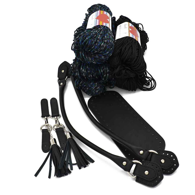Picture of Kit Charms Bag, Black Leather Accessories with 600gr Hearts Cord Yarn. Choose Your Cord Yarn Color!