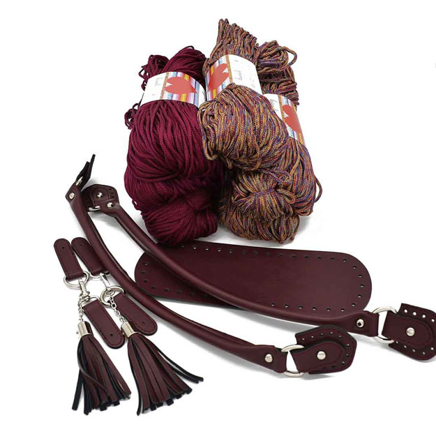 Picture of Kit Charms Bag, Bordeaux Leather Accessories with 600gr Hearts Cord Yarn. Choose Your Cord Yarn Color!