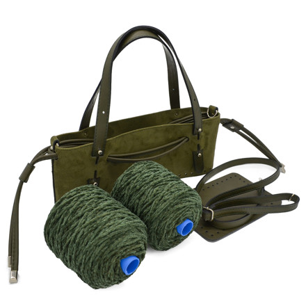 Picture of Kit Suede GLORIA with Two Handles and Two Draw Cords with Stopper, Olive with 600gr Pom Winter Green-115
