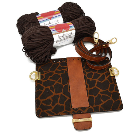 Picture of Kit MELLIA Bag Cover, 23cm Tabac Giraffe, 120cm Strap and 400gr Hearts Cord Yarn, Brown