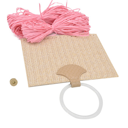 Picture of Kit Straw Fold Ecru with Round Resin Handle and 100gr Raffia Cord Yarn, Pink