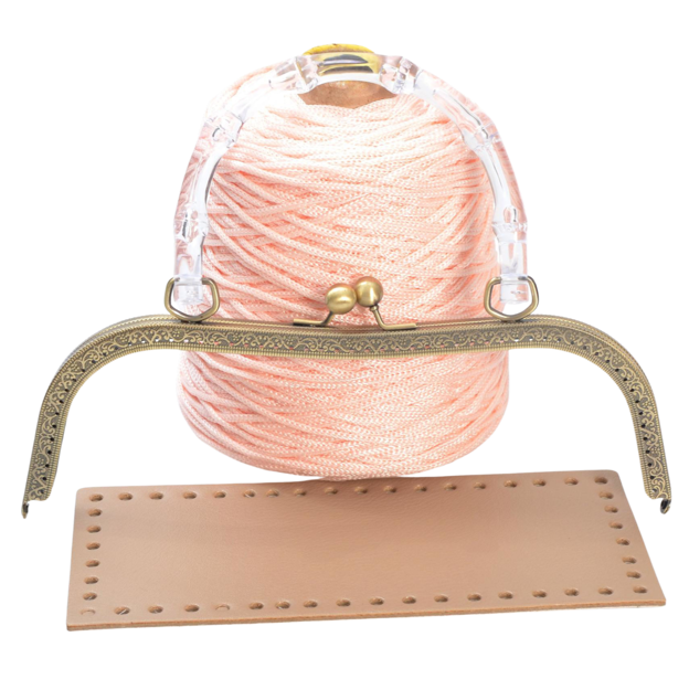 Picture of Kit Vintage Frame 27cm with Transparent Handle, Eco Leather Base, Powder Pink Big Cordino Cord Yarn