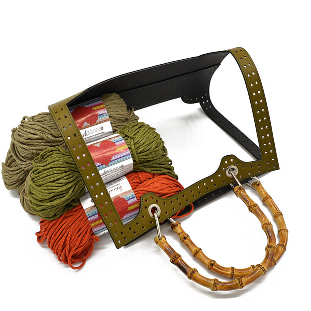 Picture of Kit Frame Angelina with Bamboo Handles, Olive Green Venetta with 1000gr Eco Hearts Cord Yarn, 3 Colors