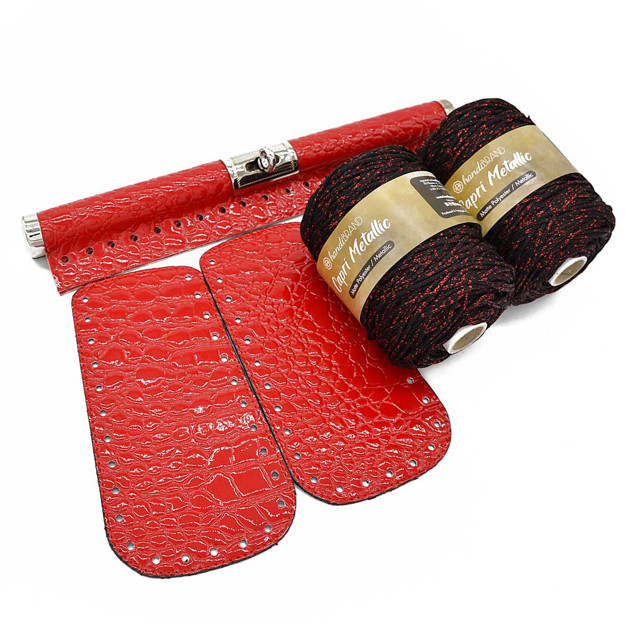 Εικόνα της Κιτ Ράβδος Elegant, Croco Λουστρίνι Κόκκινο με Νήμα Capri Metallic Μαύρο