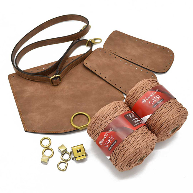 Εικόνα της Κιτ Καπάκι με Round Κούμπωμα Wood Brown Ανοιχτό με 600γρ Νήμα Capri Μπεζ Σάπιο Μήλο
