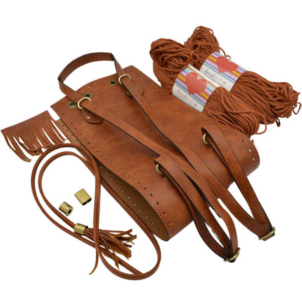 Picture of Kit Backpack Erato, Vintage Tabac, Tassels and Metallic Details with 400gr Hearts Cord Yarn, Rusty Ripe Apple