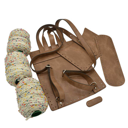 Picture of Kit Ginger Backpack with Eco-Leather Pocket and Tongue, Wood Brown with 900gr Pom Pom Cord Yarn, Ecru