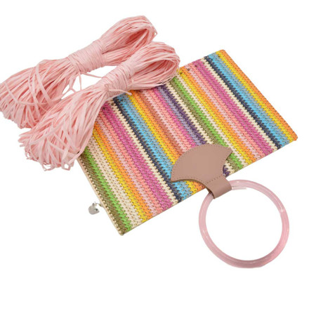Picture of Kit Straw Fold Pink with Round Resin Handle and 100gr Raffia Cord Yarn, Pink