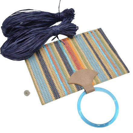 Picture of Kit Straw Fold Blue with Round Resin Handle and 100gr Raffia Cord Yarn, Blue