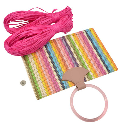 Picture of Kit Straw Fold Pink with Round Resin Handle and 100gr Raffia Cord Yarn, Fuchsia