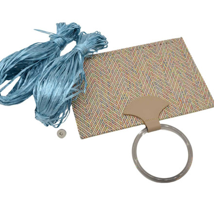 Picture of Kit Straw Fold Nude Gray with Round Resin Handle and 100gr Raffia Cord Yarn, Light Blue