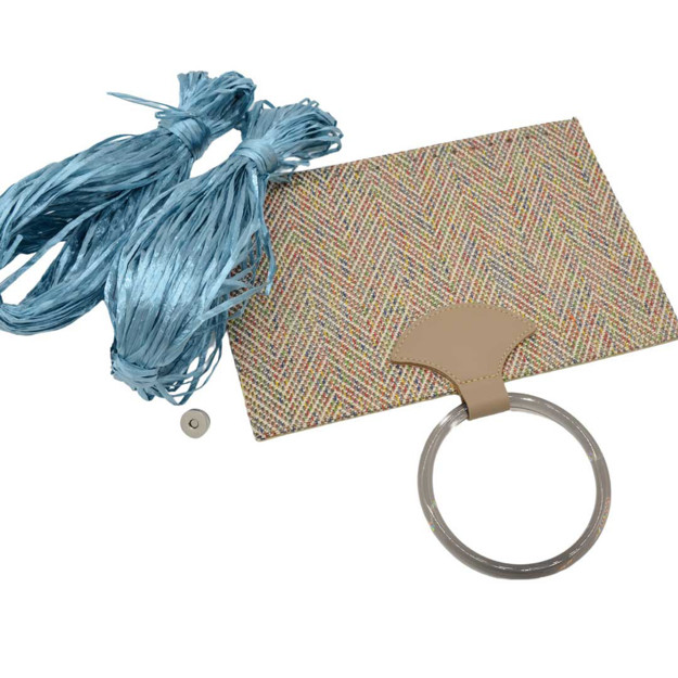 Picture of Kit Straw Fold Nude Gray with Round Resin Handle and 100gr Raffia Cord Yarn, Light Blue