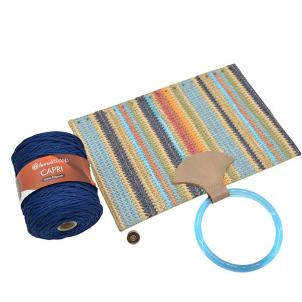 Picture of Kit Straw Fold Multicolor Blue with Round Resin Handle and 300g Capri Yarn, Blue