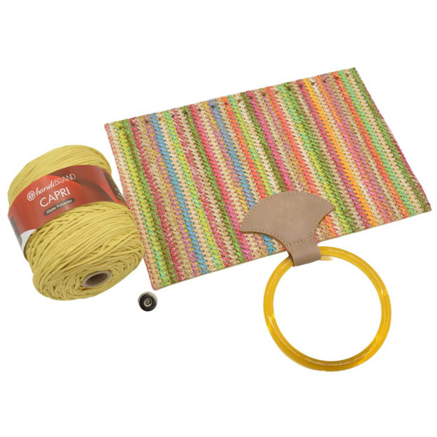 Εικόνα της Κιτ Ψάθα Fold Multicolor Πράσινο με Κοκάλινο Χερούλι και Νήμα Capri 300γρ,Κίτρινο