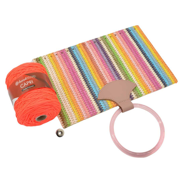 Εικόνα της Κιτ Ψάθα Fold Multicolor Ροζ με Κοκάλινο Χερούλι και Νήμα Capri 300γρ, Καρπουζί