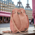 Picture of Kit Pouch Bag ERATO, Red with Shoulder Strap, Tassels, Metal Accessories and Red Heart Yarn