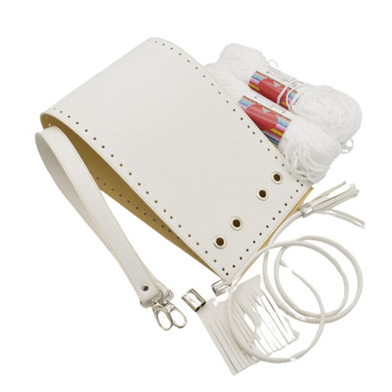 Picture of Kit Pouch Bag ERATO, Vintage White with Shoulder Strap, Tassels, Metal Accessories and 400gr Hearts Cord Yarn