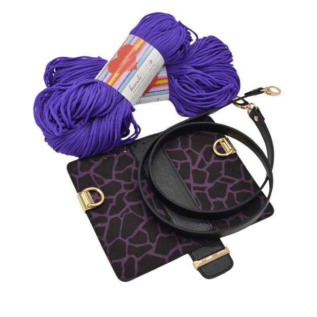 Picture of Kit MELLIA Bag Cover, 23cm Mauve Giraffe Print with 120cm Strap and 400gr Hearts Cord Yarn Purple