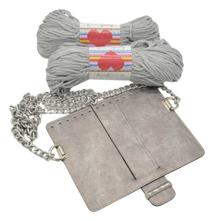 Picture of Kit MELLIA Bag Cover, 23cm Vintage Silver with 120cm Metal Chain and 400gr Hearts Cord Yarn, Gray